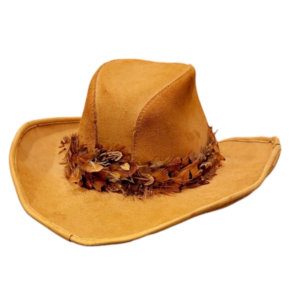 Cowboy Hat Suede With Pheasant Feathers Womens Large - Picture 5 of 11